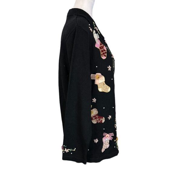 Vintage Christmas Sweater 3D Size Large Stockings Bows Grandma Ugly Beaded - Picture 5 of 10